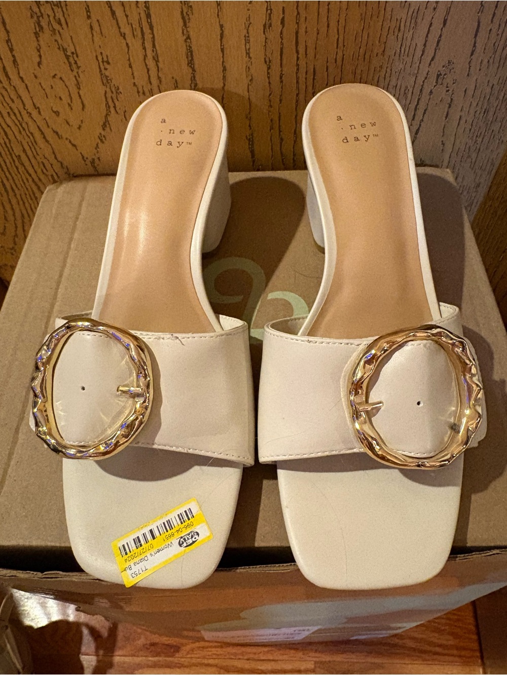 A New Day Cream & Brass Buckle Block Heel Sandals NWOT